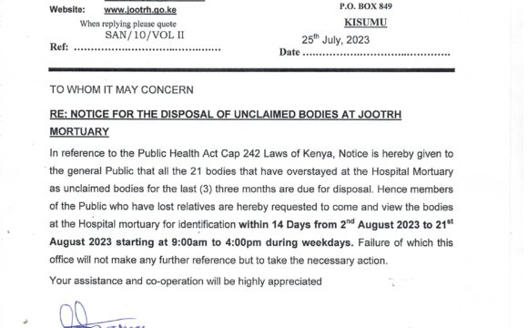 NOTICE FOR THE DISPOSAL OF UNCLAIMED BODIES AT JOOTRH