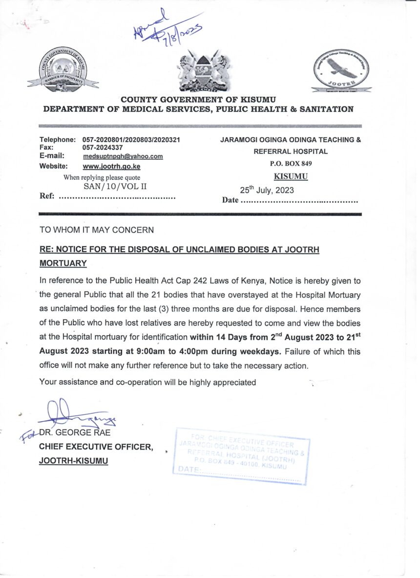 NOTICE FOR THE DISPOSAL OF UNCLAIMED BODIES AT JOOTRH