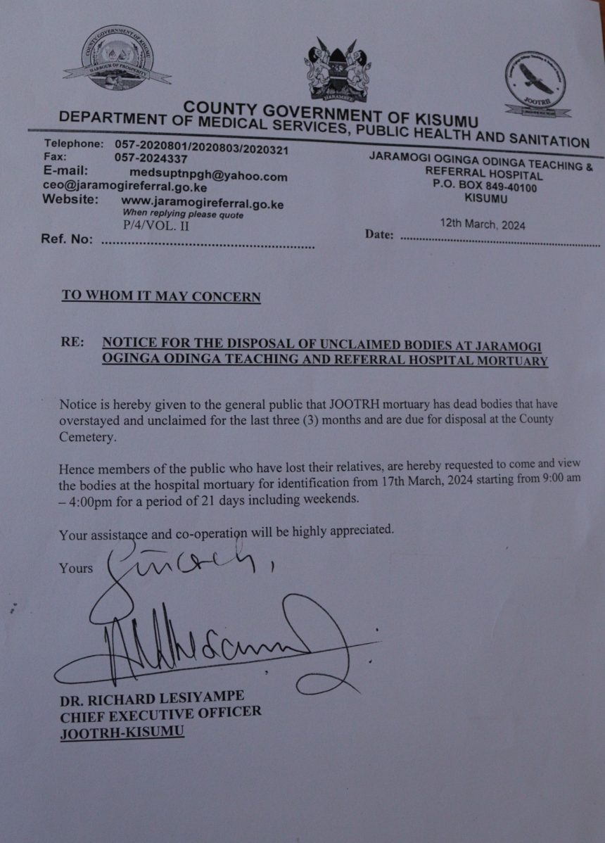 NOTICE FOR DISPOSAL OF UNCALIMED BODIES