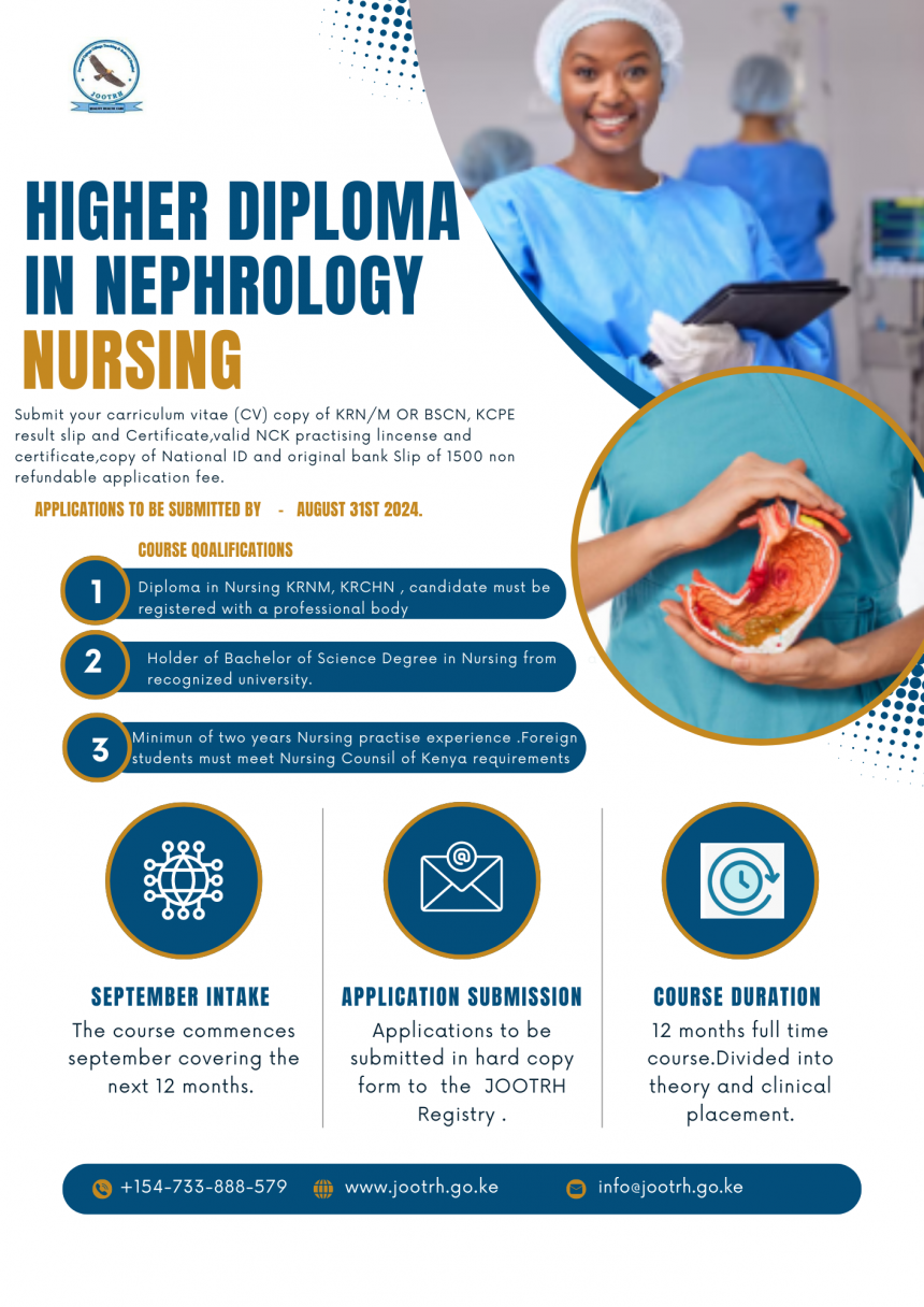 Launch your career in nephrology nursing with Jaramogi Oginga Odinga Teaching and Referral Hospital’s Higher Diploma program! Launch your career in nephrology nursing with Jaramogi Oginga Odinga Teaching and Referral Hospital’s Higher Diploma program!